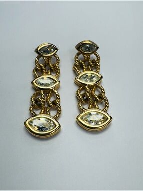 Vintage Swarovski Gold Tone Marquise Crystal Dangle Drop Earrings